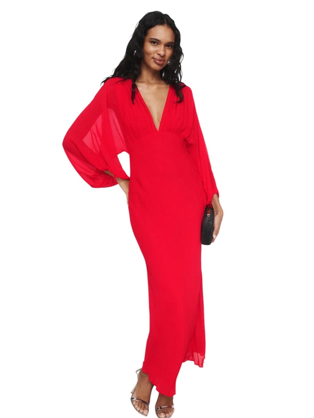 Shona Joy-Amina Plunge Balloon Sleeve Maxi Red V-Neck Long Dress Size 10